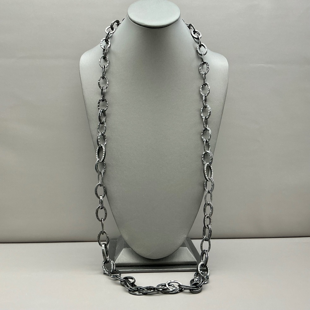 Jones New York Necklace Gunmetal Tone Hammered Oval Link Long Chain Statement‎